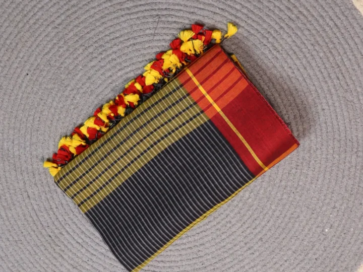 Mul Cotton Micro Check Black & White Body with Red & Yellow Ganga Jamuna Border