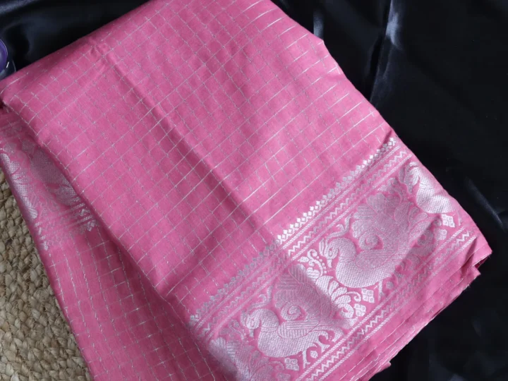 Sungudi Saree with Blouse – Rose Pink Silver Grid