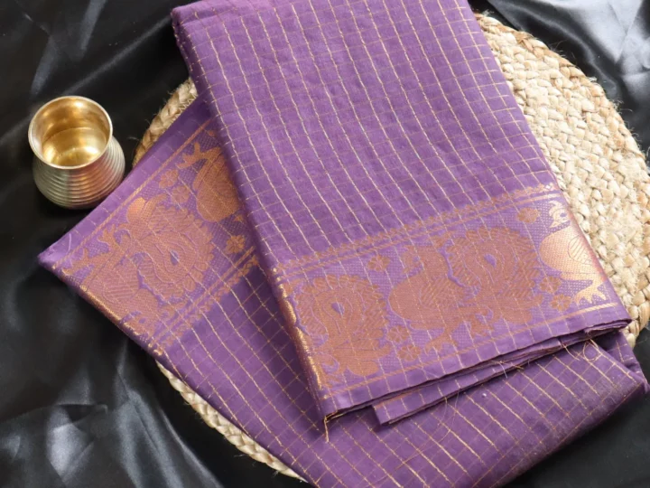 Sungudi Saree with Blouse – Lavender Gold Grid