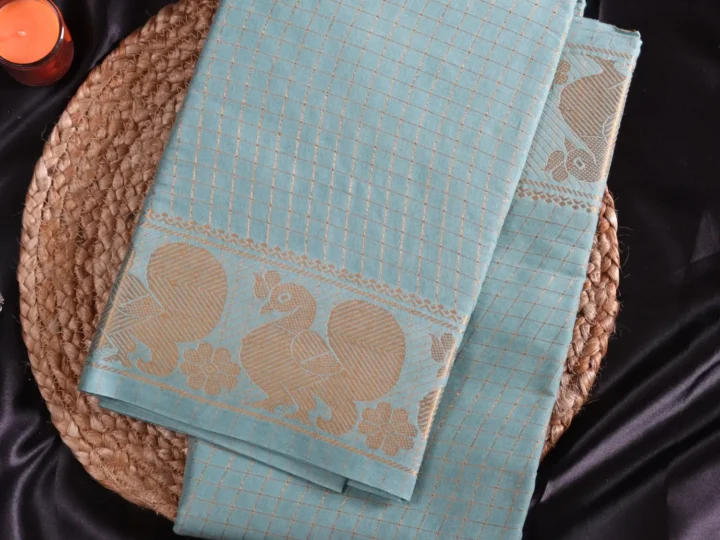 Sungudi Saree with Blouse – Sea Green Gold Grid