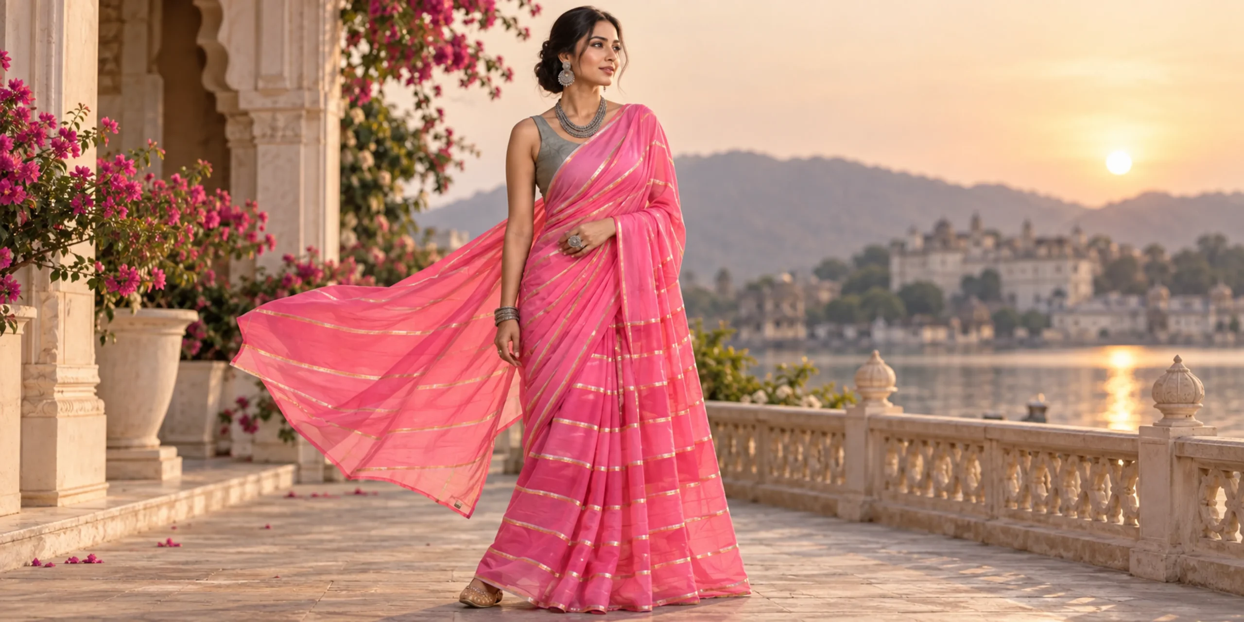 Sheer pink saree with woven gold stripes and a grey blouse, worn at golden hour mul cotton saree
