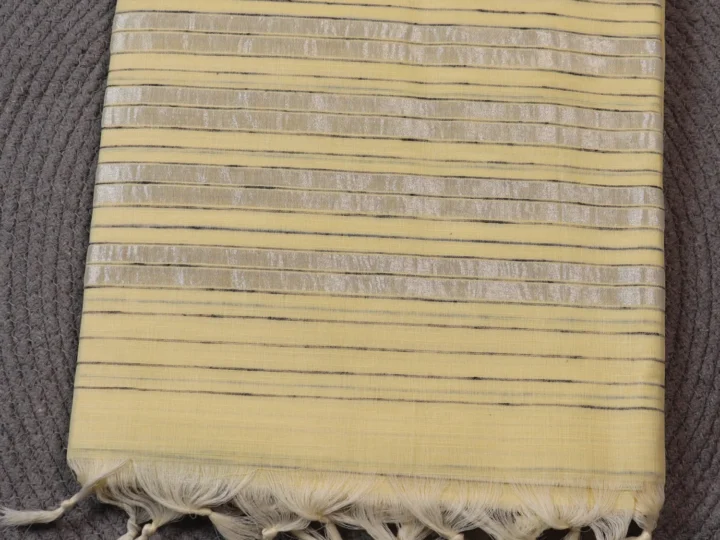Jute Cotton Saree – Butteryellow/Creamyellow & Silver Stripes
