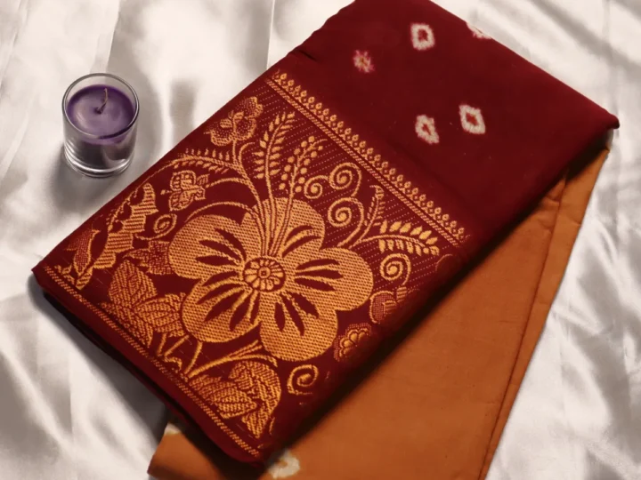 Bandhani Kanchi Cotton Bandhani Saree – Mustard Ochre & Deep Wine Maroon
