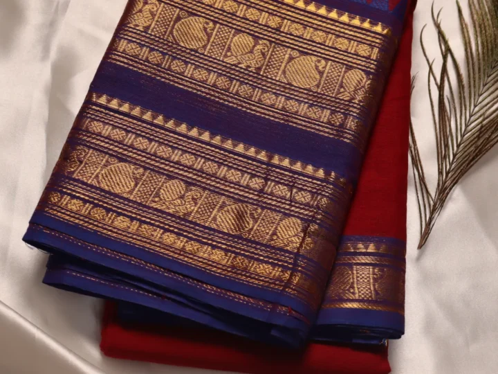 Double Border Kanchi Cotton Saree – Maroon & Royal Blue Golden Border