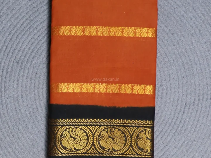 Sienna Terracotta Body with Eerie Black Border and Gold Peacock Band Velthari Stripes
