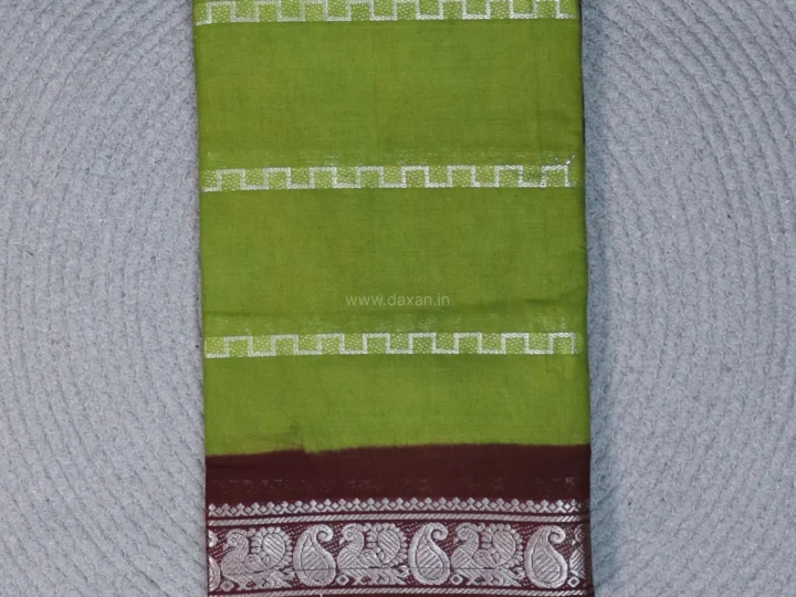 Dark Olive Green Body with Seal Brown Border and Silver Stepped Band Velthari Stripes