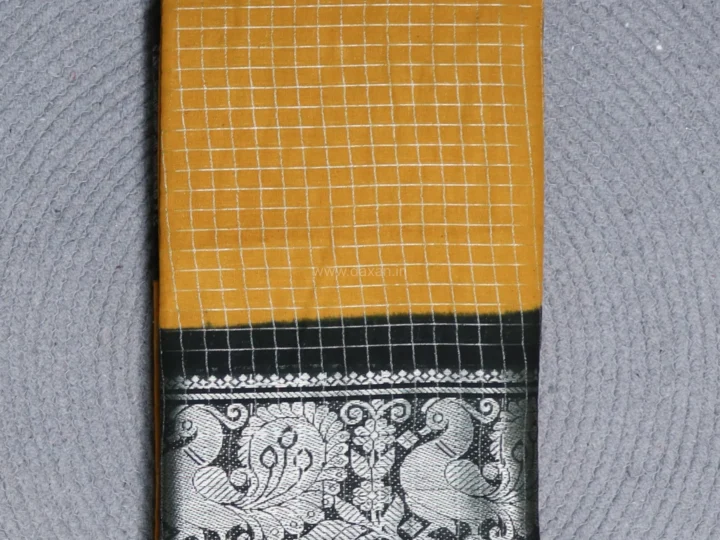 Sungudi Saree – Mustard Yellow with Black Border and Silver Grid