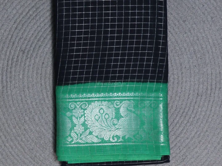 Sungudi Saree – Plum Black with Jade Green Border and Silver Grid