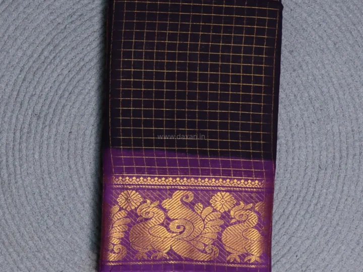 Sungudi Saree – Elderberry with Plum Border and Gold Grid