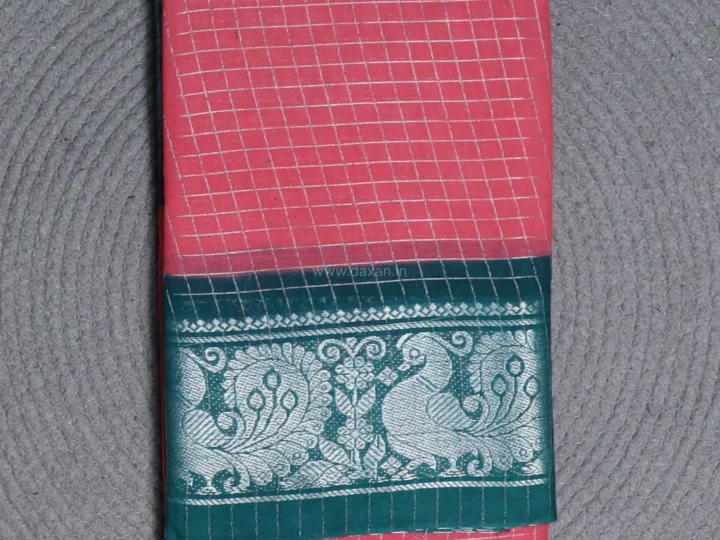 Sungudi Saree – Indian Red with Dark Slate Gray Border and Silver Grid