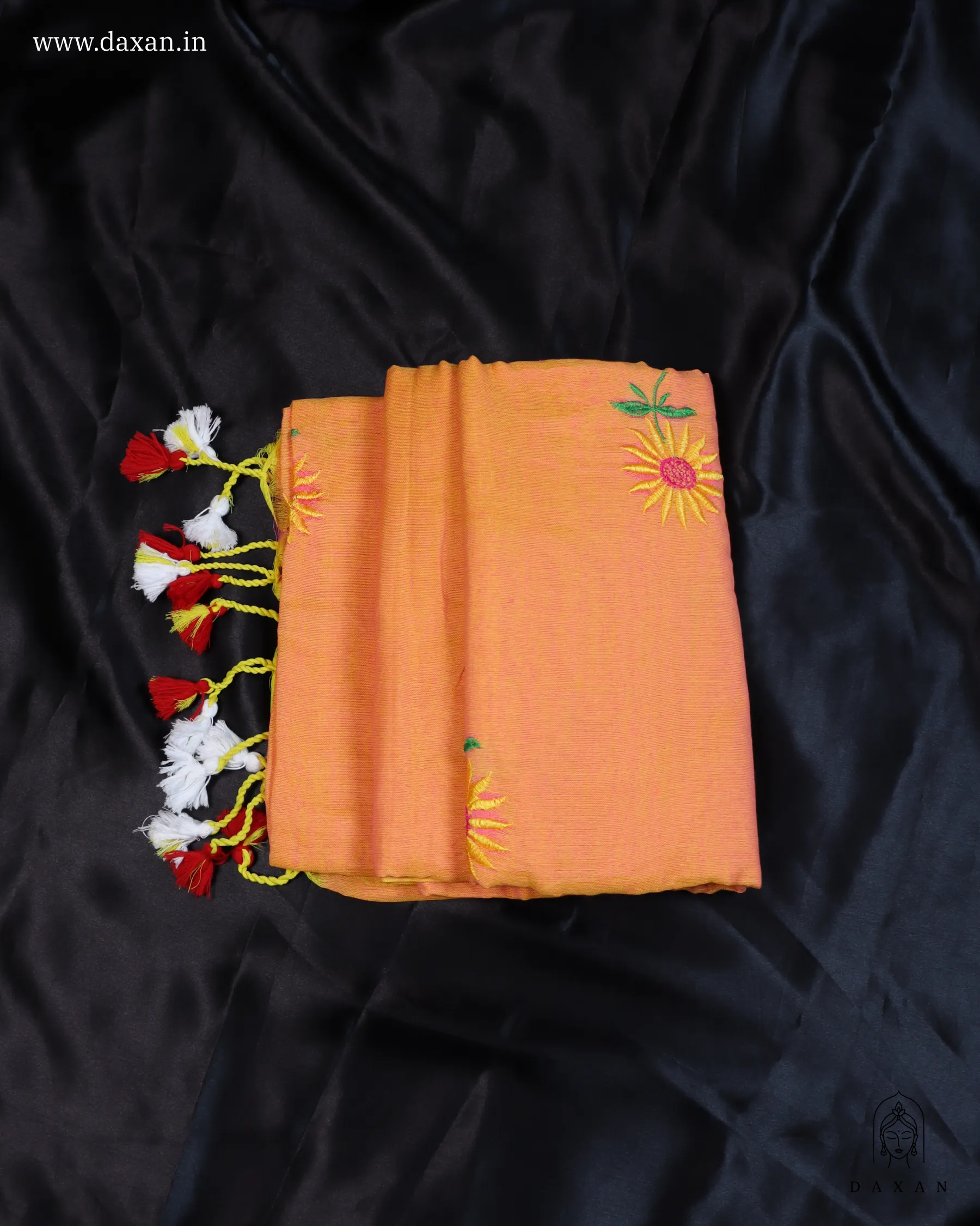Khadi with Orange Body and Sunflower Embroidery Work - Image 3