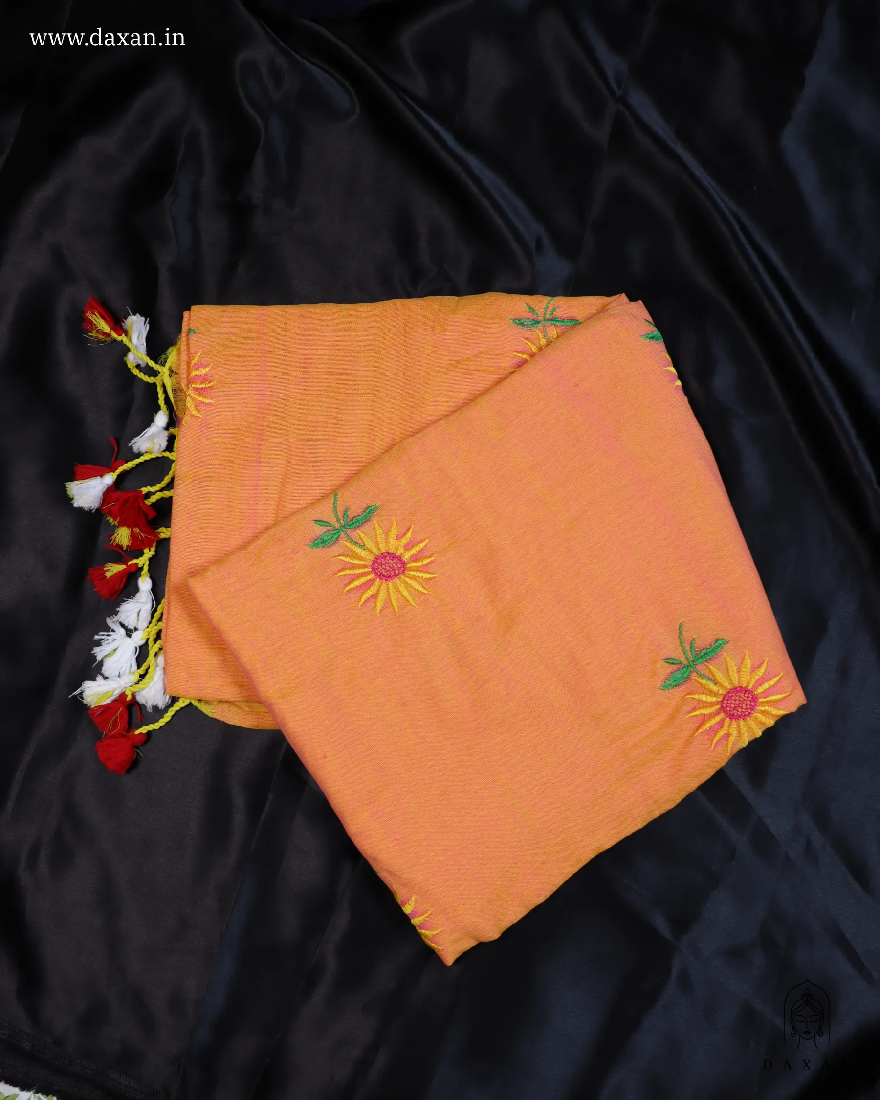 Khadi with Orange Body and Sunflower Embroidery Work - Image 4